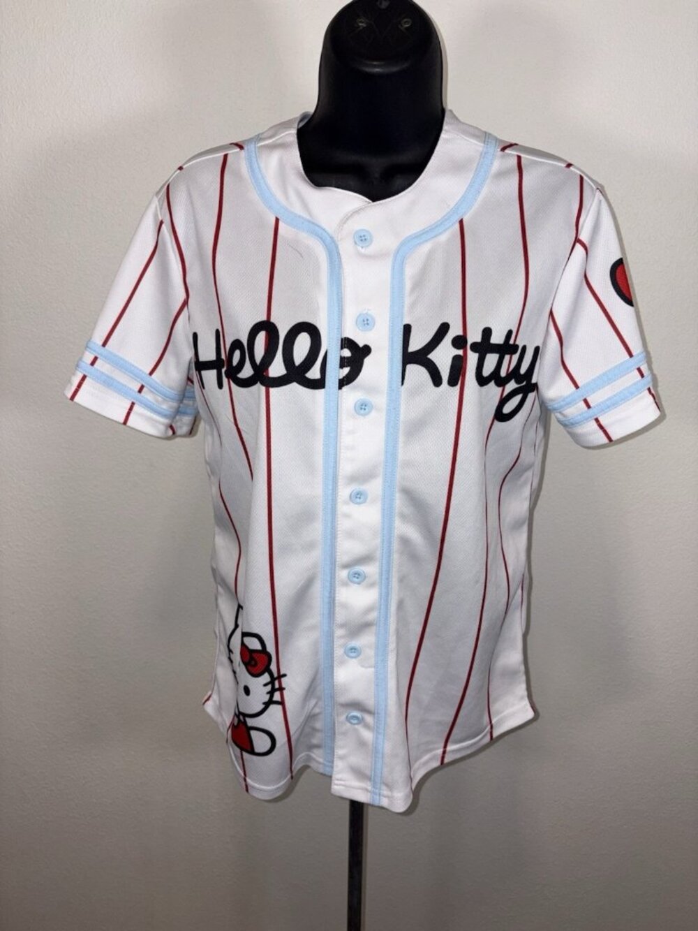 Sanrio Hello Kitty Baseball style Jersey Women XS Anime Button Front Pinstripe